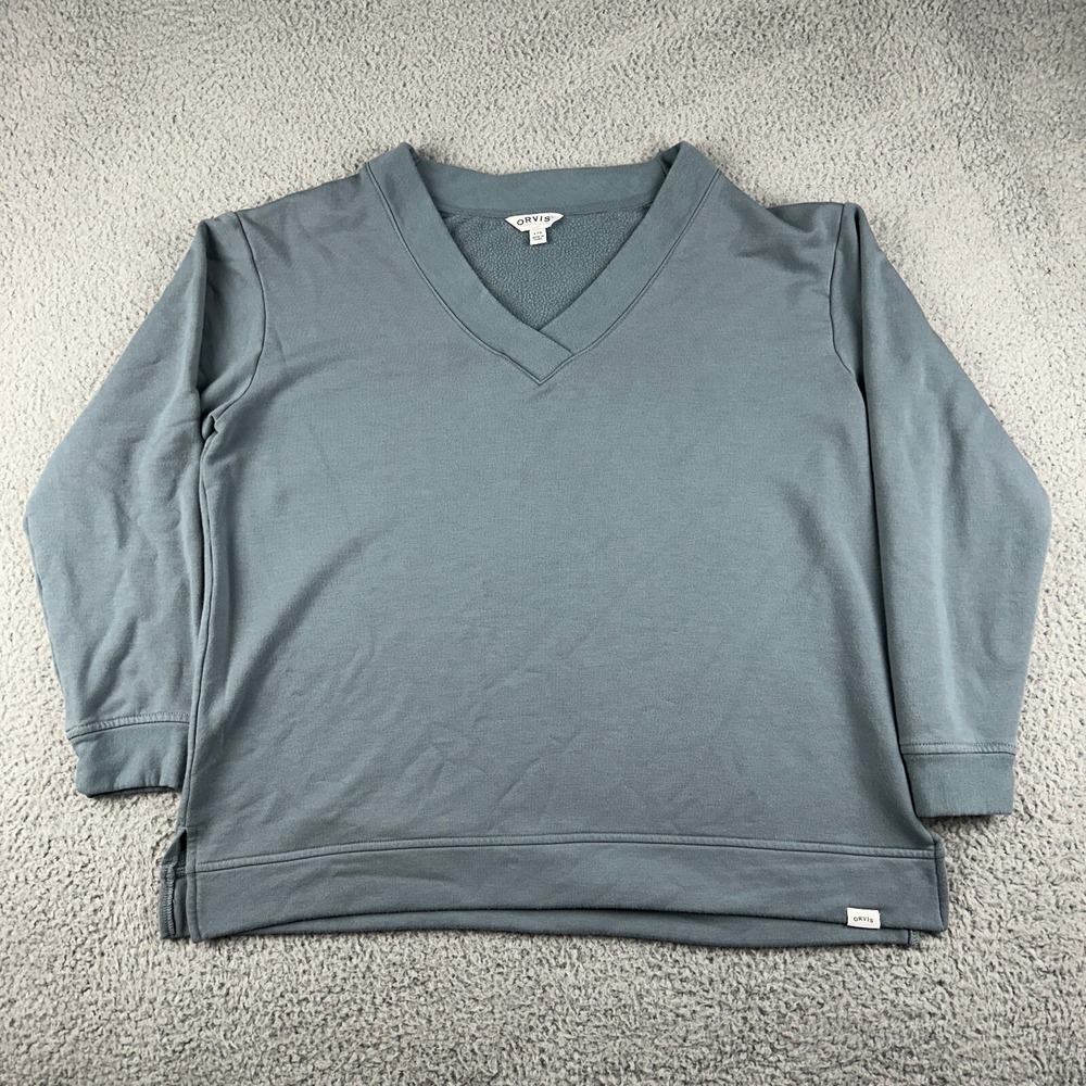Orvis Sweatshirt Womens Large Blue V-Neck Long Sleeve Pullover Casual Soft